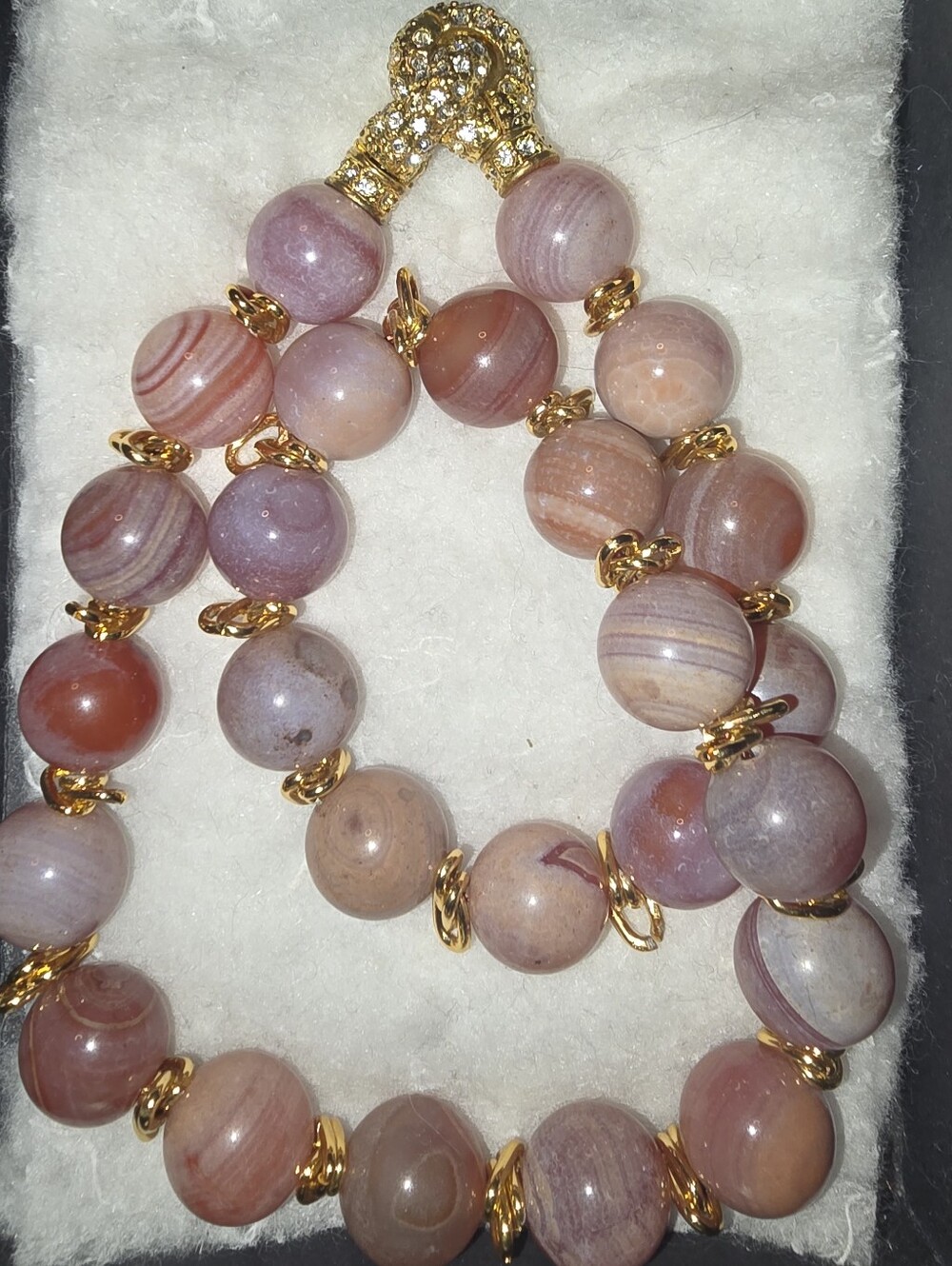 Vintage Rhodochrosite Stones Beads Gold Gilt Crystals Clasp Necklace